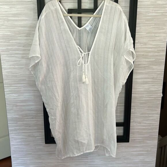 kona Sol white gauze semi sheer swimwear cover-up dress with tassel bathing suit - Picture 1 of 5